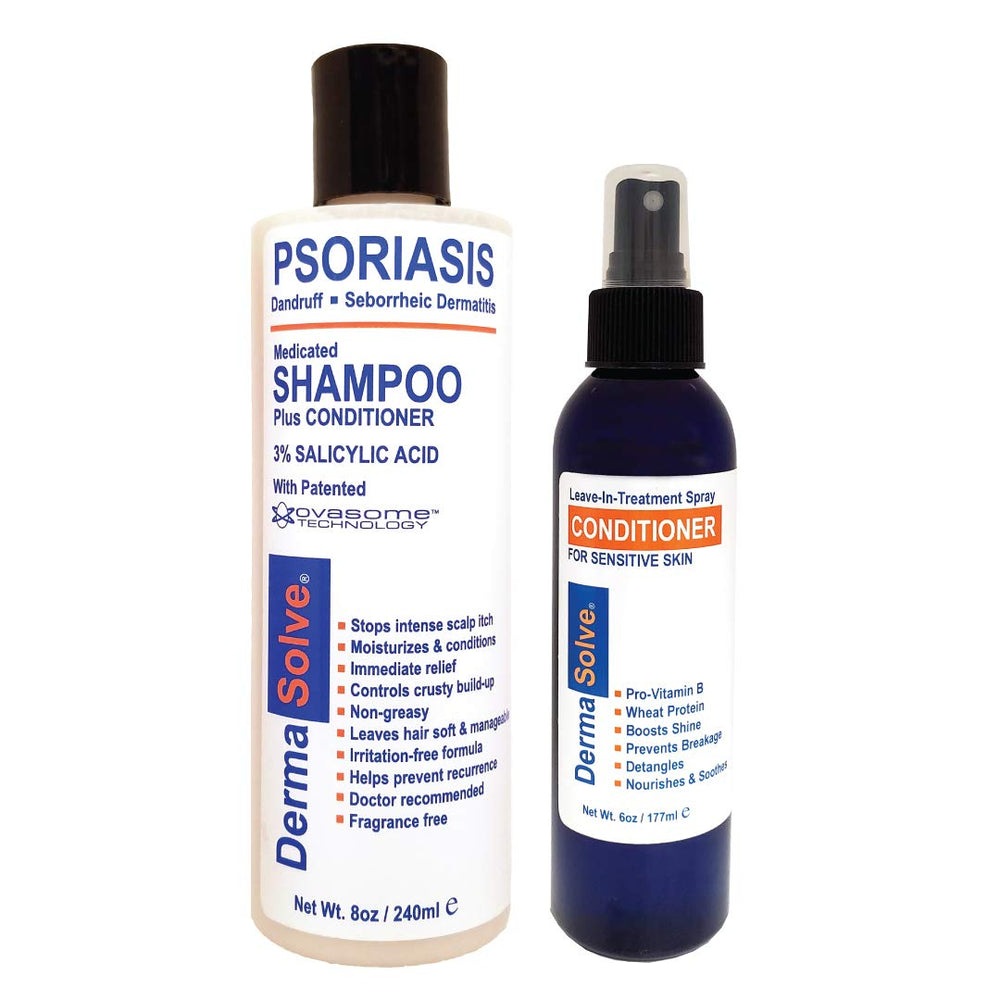 Dermasolve psoriasis shampoo bottle; gentle cleansing for sensitive scalp and flaky symptoms