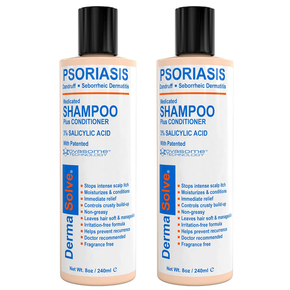 Dermasolve shampoo bottle close-up highlighting medicated scalp care and soothing relief