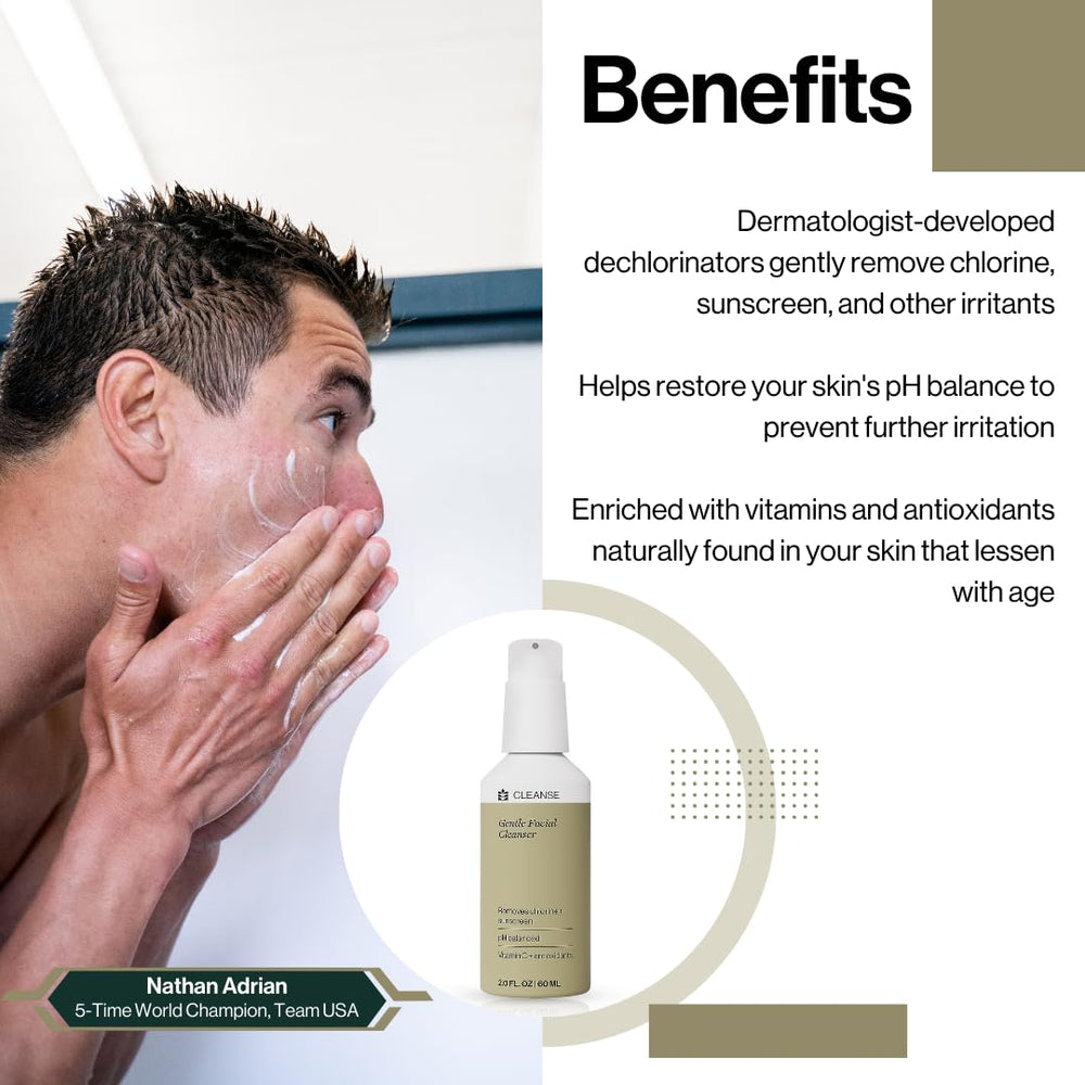 Dermasport Gentle Facial Cleanser bottle showing mild formula for post-swim skin.