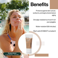 Dermasport SPF 50 sunscreen back view highlighting water resistance.