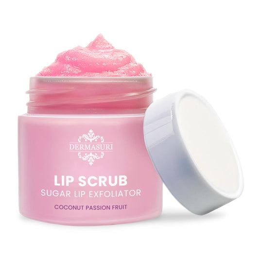 Dermasuri lip exfoliator jar close-up for smoother lips.
