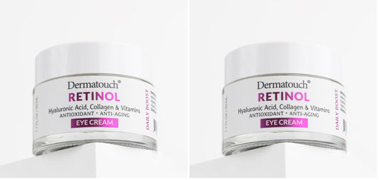 DERMATOUCH Retinol Eye Cream bottle close-up highlighting hydration texture.