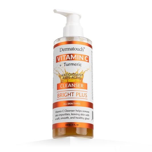 DERMATOUCH Vitamin C Cleanser bottle close-up highlighting turmeric for daily cleansing.