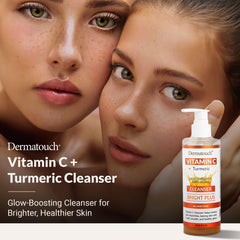 DERMATOUCH Vitamin C Cleanser foam close-up shows gentle lather for all skin types.