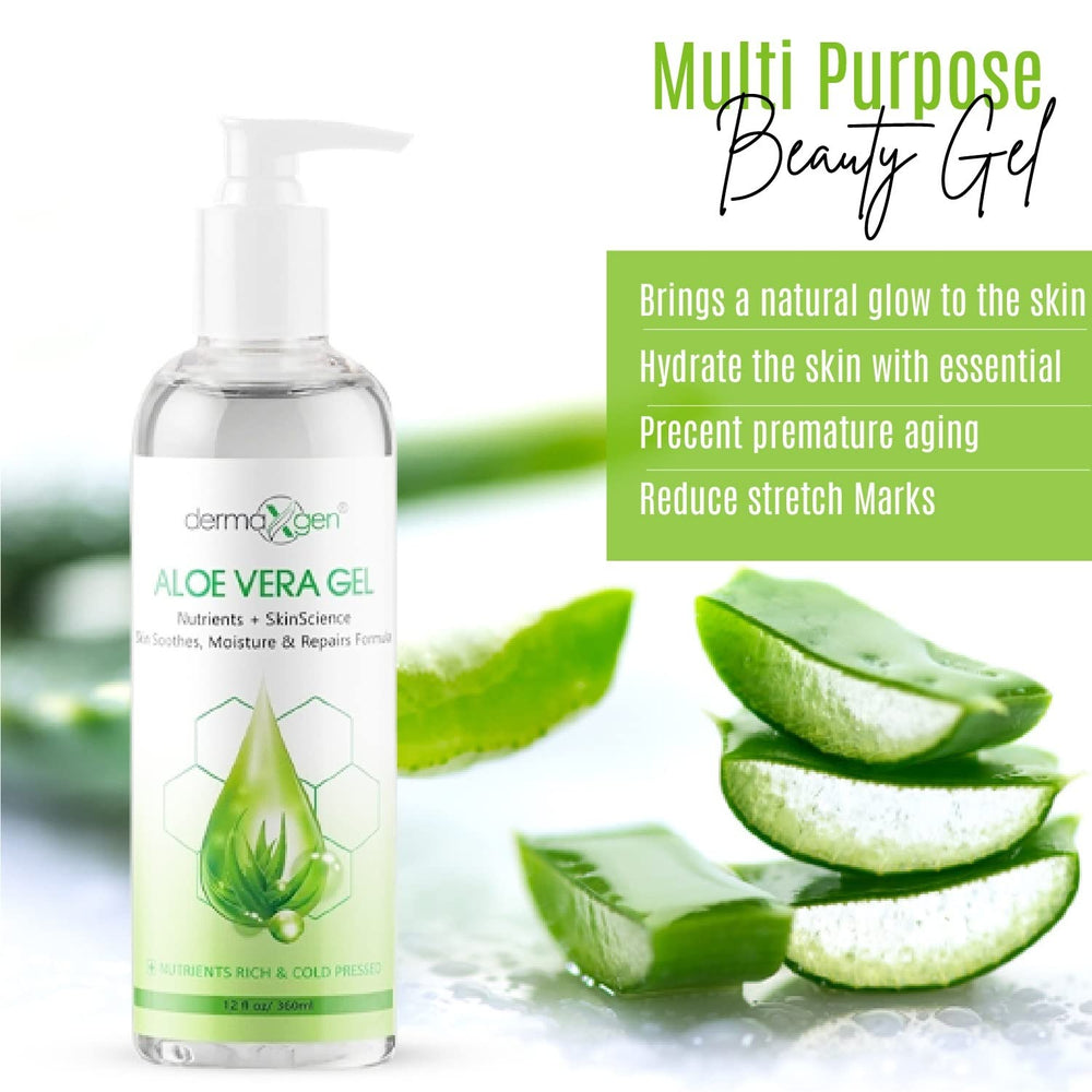 DERMAXGEN Aloe Vera Gel with Vitamin C brightens and hydrates the complexion.