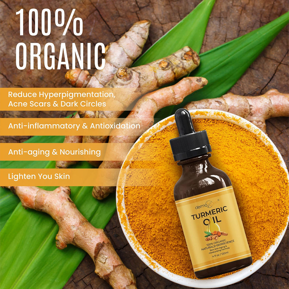 DERMAXGEN turmeric oil packaging highlights organic ingredients