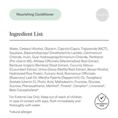 Dermazen Nourishing Conditioner label close-up highlighting natural ingredients for scalp vitality.