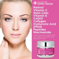 Dermedicine All-In-One Anti-Aging Cream pump bottle highlighting hydration from hyaluronic acid