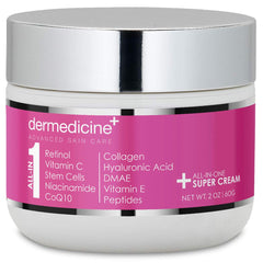 Dermedicine All-In-One Anti-Aging Cream bottle showing retinol glow benefits for smoother skin