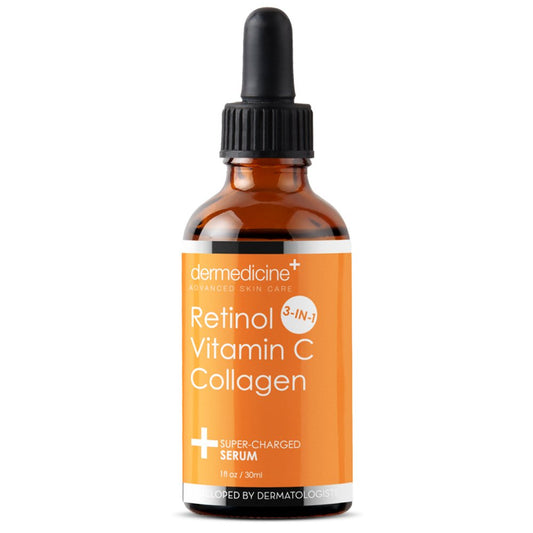Dermedicine retinol vitamin c serum bottle displaying premium packaging for brighter skin