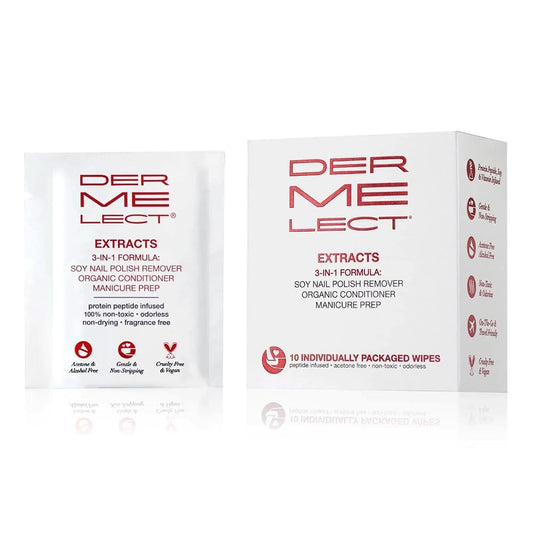 Dermelect Extracts 10-pack wipes displayed for on-the-go manicure convenience