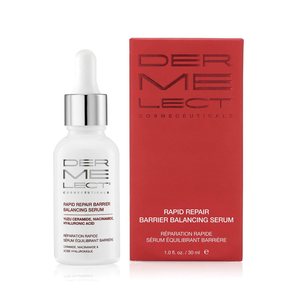 Dermelect Rapid Repair Serum bottle highlights a hydrating barrier support formula.
