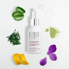 Dermelect Rapid Repair Serum ingredients graphic highlights Niacinamide and Hyaluronic Acid.