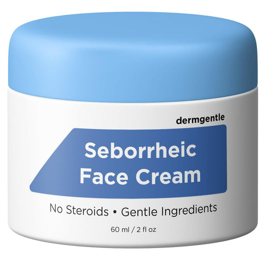 Dermgentle seborrheic dermatitis face cream jar shows soothing hydration.