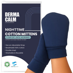 DermaCalm organic cotton eczema gloves Navy in packaging highlighting reusable design
