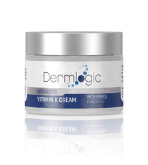 Dermlogic Vitamin K Cream bottle pouring, soothing bruises and supporting microcirculation.