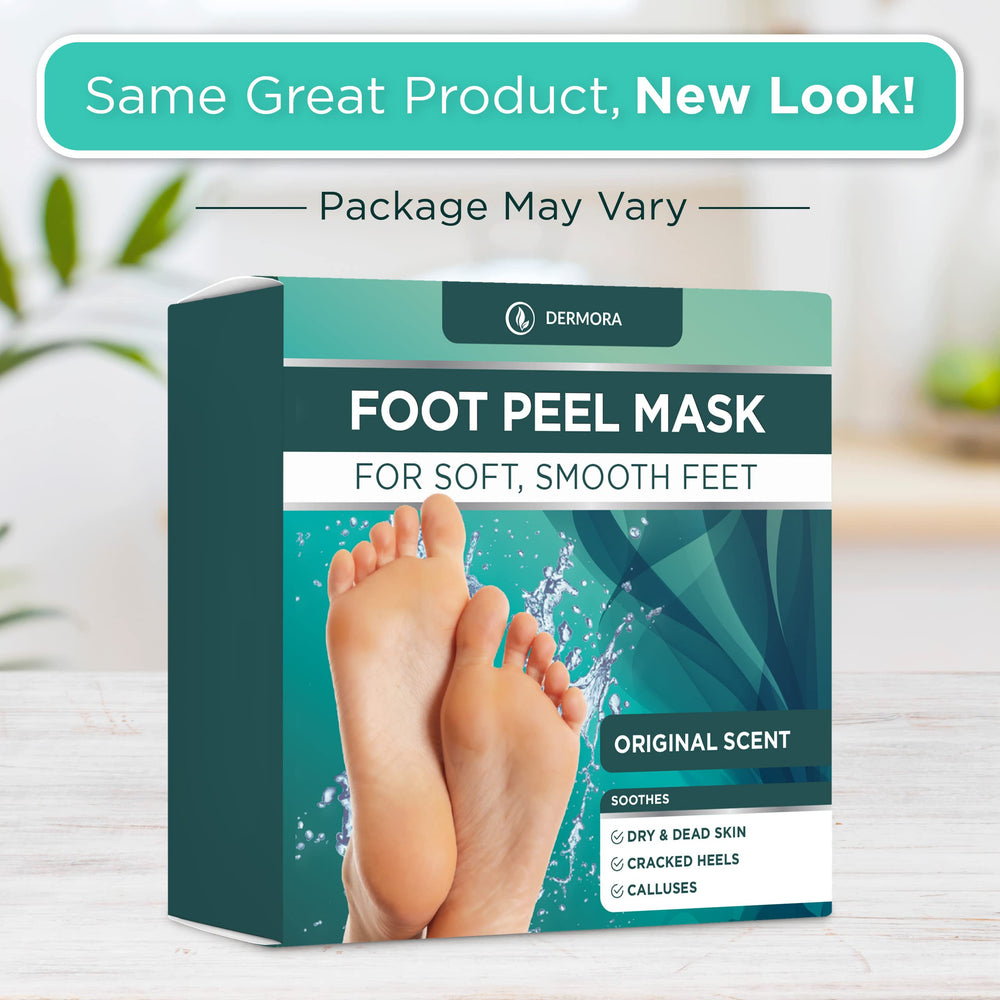 DERMORA Foot Peel Mask worn on feet for soft, exfoliated skin.