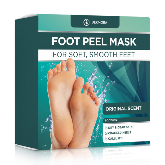DERMORA Foot Peel Mask shows socks on, beginning gentle exfoliation for smoother feet.
