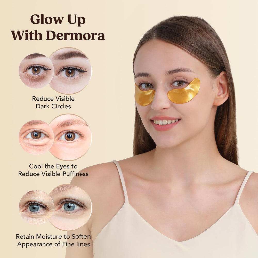 Dermora Golden Glow patch application under the eye for cooling relief.