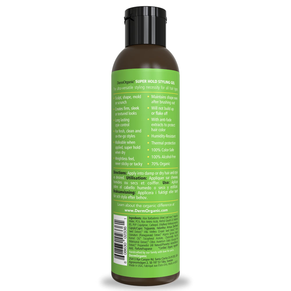 Derm Organic Super Hold gel dispense pump illustrating easy, mess-free application