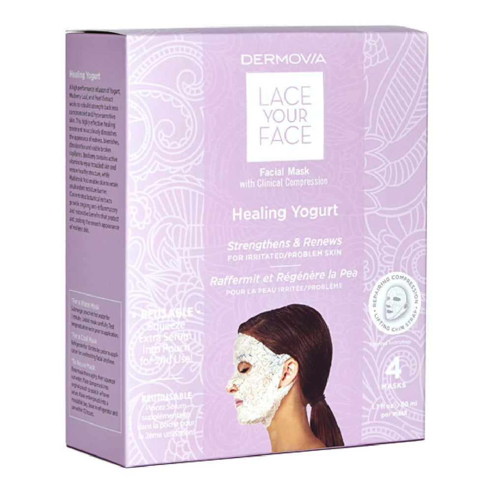 DERMOVIA Lace Your Face mask worn on the face showing compression for nutrient infusion
