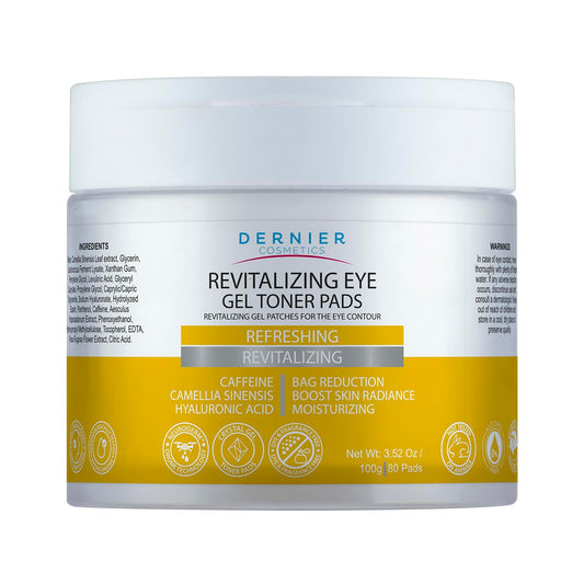 Dernier Under Eye Patches close-up showing caffeine and HA for refreshed under-eye skin.