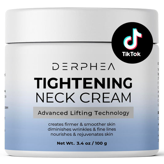 DERPHEA neck cream bottle being applied for a lifting effect.