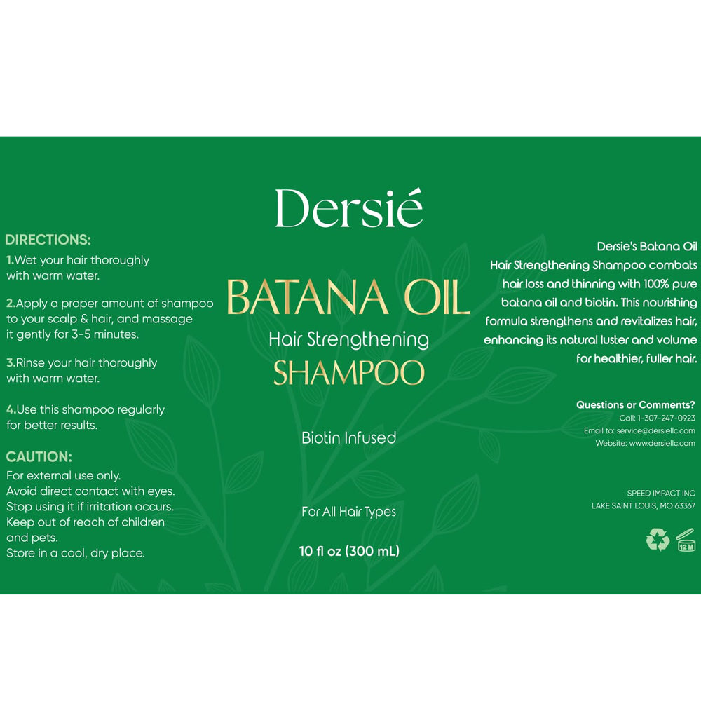 Dersie Batana Oil Shampoo bottle beside natural ingredients for all hair types