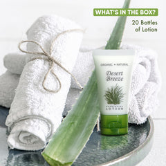 Desert Breeze green tea lemongrass scented lotion in guest room setting.