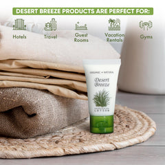 Desert Breeze hotel amenities packaging showcasing premium bulk lotion for properties.