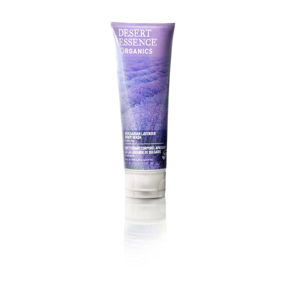 Desert Essence Bulgarian Lavender Body Wash bottle promotes soft, nourished skin.
