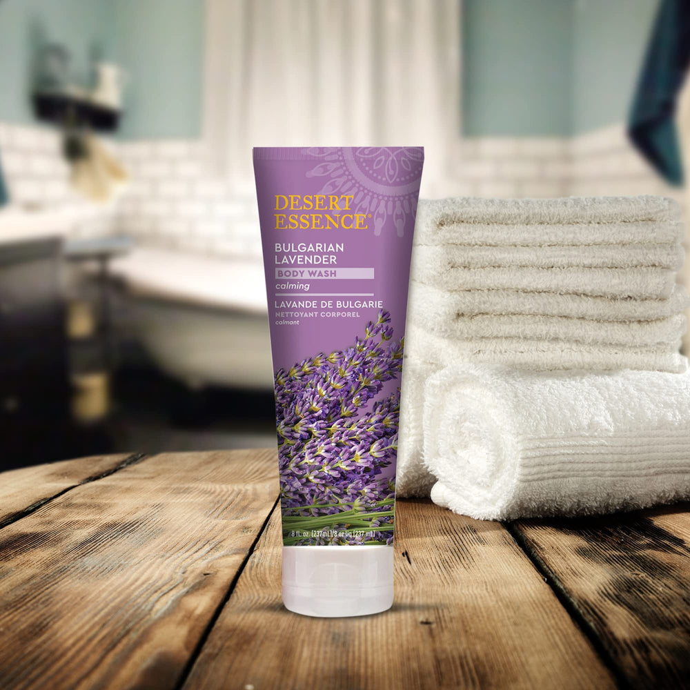 Desert Essence Bulgarian Lavender Body Wash pump ensures easy, mess-free dispensing.