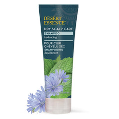 Desert Essence Dry Scalp Care Shampoo label highlights tea tree and inulin for gentle scalp care