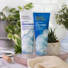 Desert Essence fragrance-free lotion packaging on shelf for easy daily routine