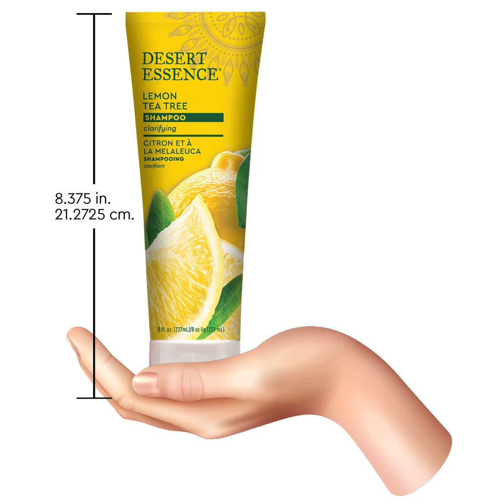 Desert Essence Lemon Tea Tree Shampoo scalp-refresh close-up suggests revitalized balanced scalp