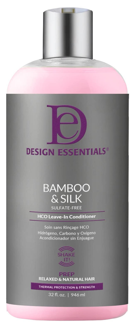 Design Essentials Bamboo & Silk HCO leave-in bottle demonstrating thermal protection and smooth styling benefits
