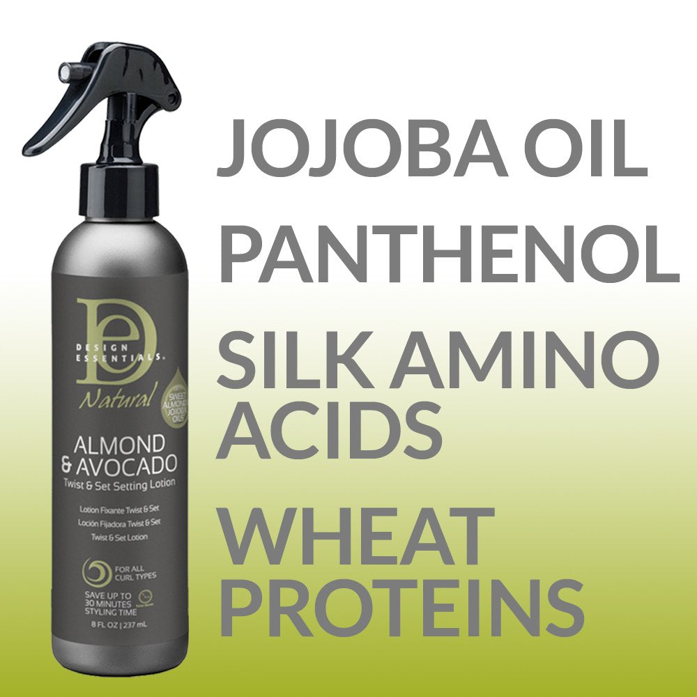 Label closeup on Design Essentials Natural Twist and Set Lotion packaging.