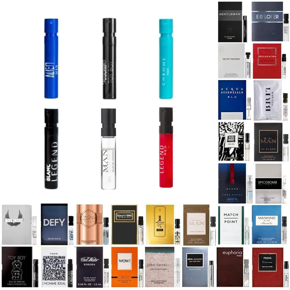 Mens Cologne Sampler Set with six designer fragrances in travel-friendly vials.