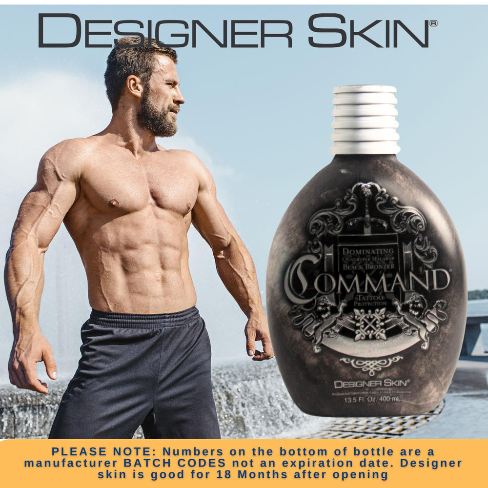 Designer Skin Command tanning lotion bottle back label highlights ingredients and directions.