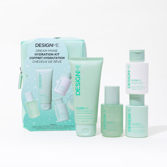 DESIGNME GLOSS.ME shampoo bottle showing a hydrating cleanse for dry hair.