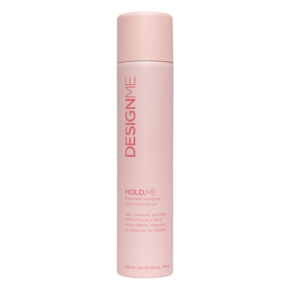 Design.Me HOLD.ME three-way hairspray bottle displaying versatile three-hold capability.