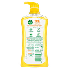 Dettol Fresh Body Wash bottle back highlighting the pH balanced formula for gentle cleansing.