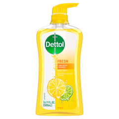 Dettol Fresh Body Wash bottle front showing yuzu scent for lasting freshness.