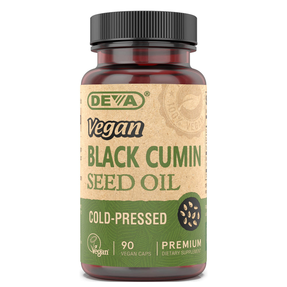 DEVA Black Cumin Seed Oil bottle with pour highlights pure cold-pressed vegan oil.