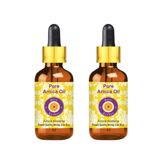 Deve Herbes Arnica Oil in an amber bottle for pure skin nourishment.