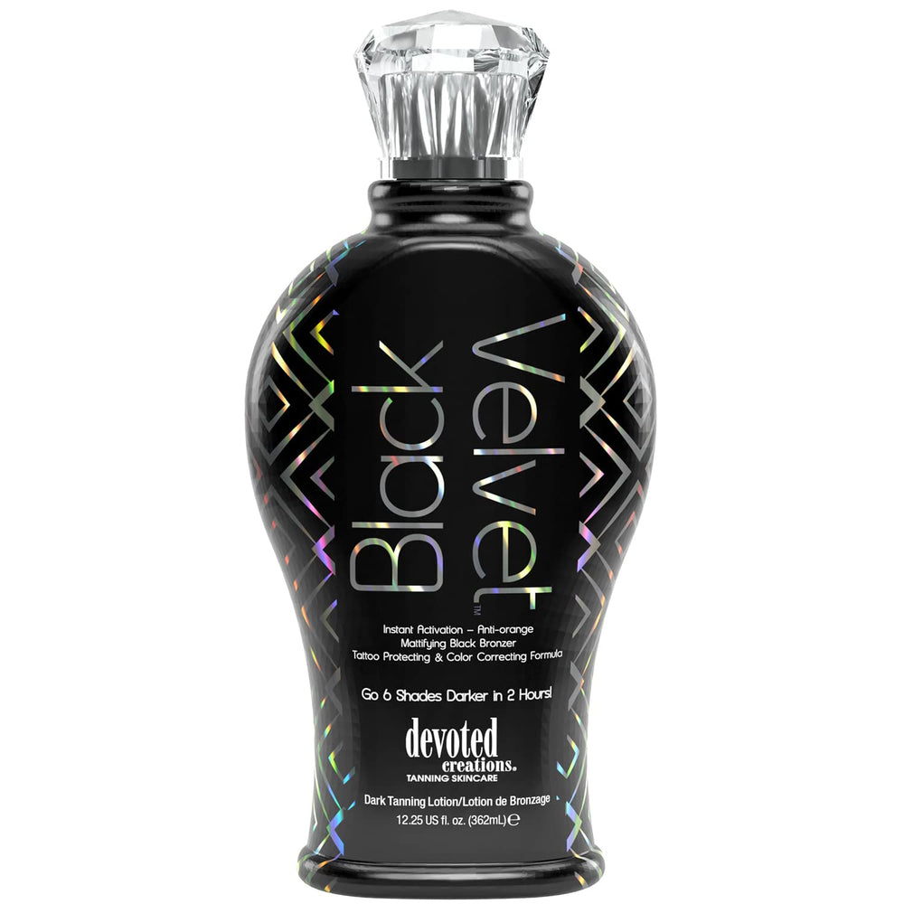 Devoted Creations Black Velvet bottle close-up for a velvety tan finish.