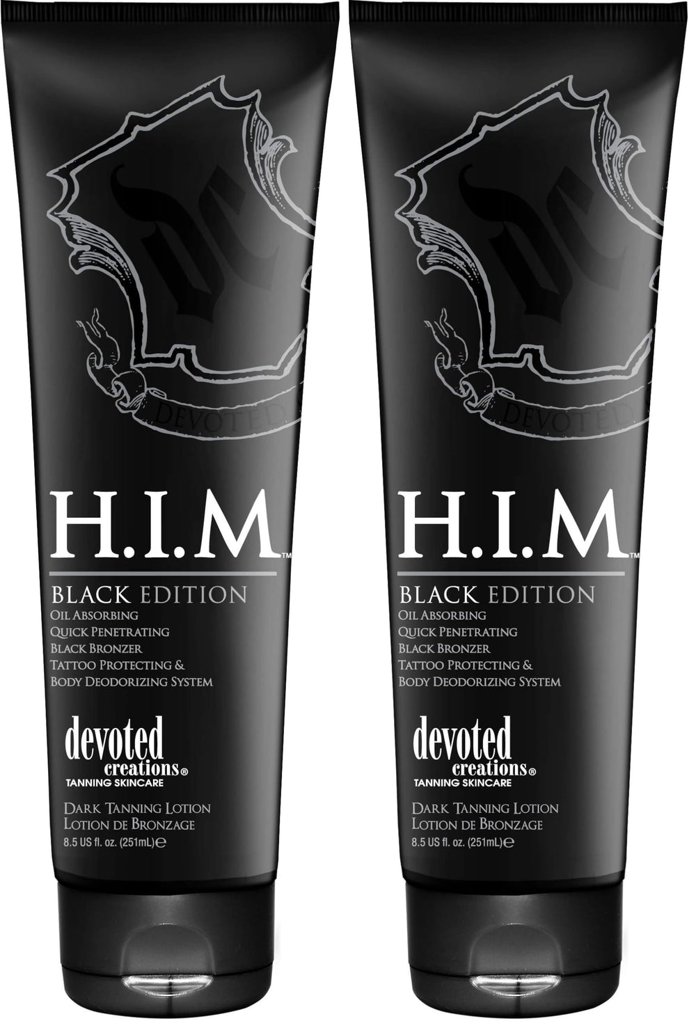 Devoted Creations H.I.M. Black Edition bottle pour showing oil-absorbing, quick-penetrating bronzer for a deep tan