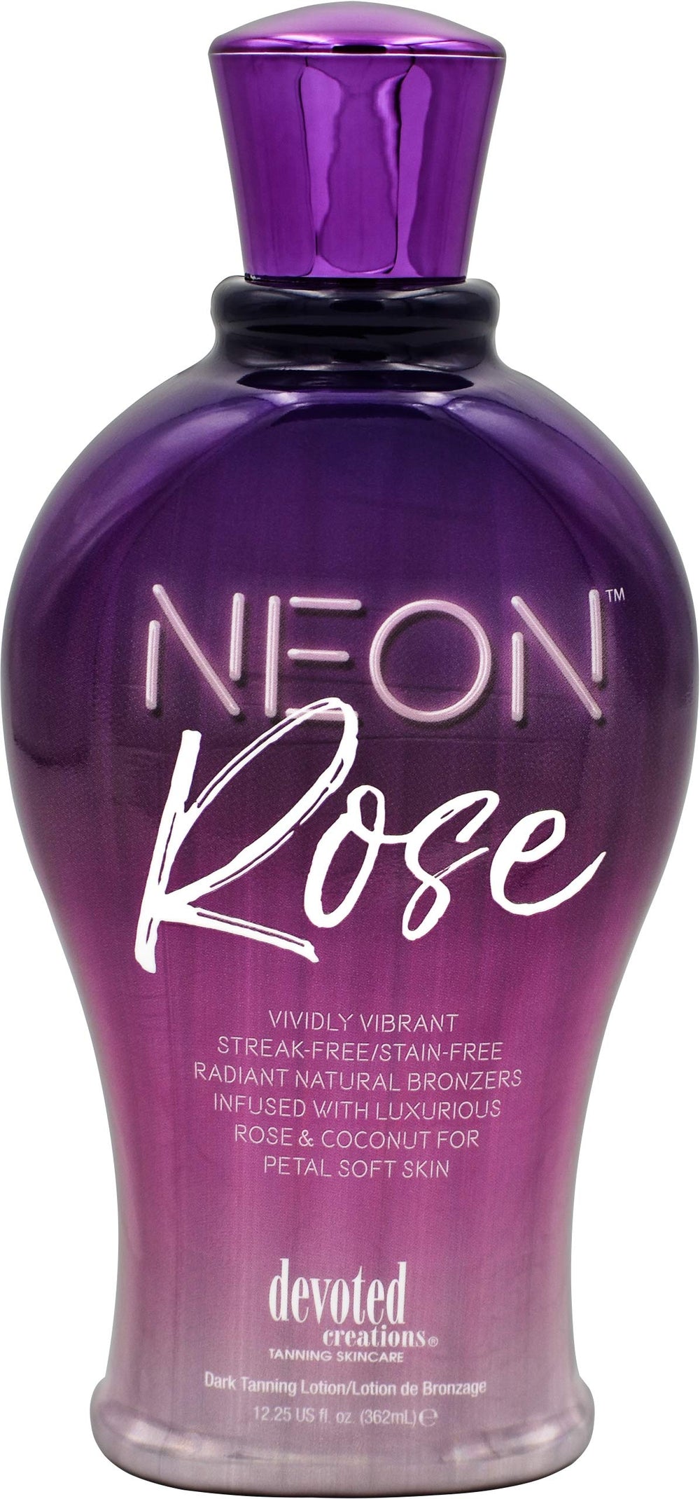 Devoted Creations Neon Rose lotion bottle pour offers streak-free bronze and silky skin.