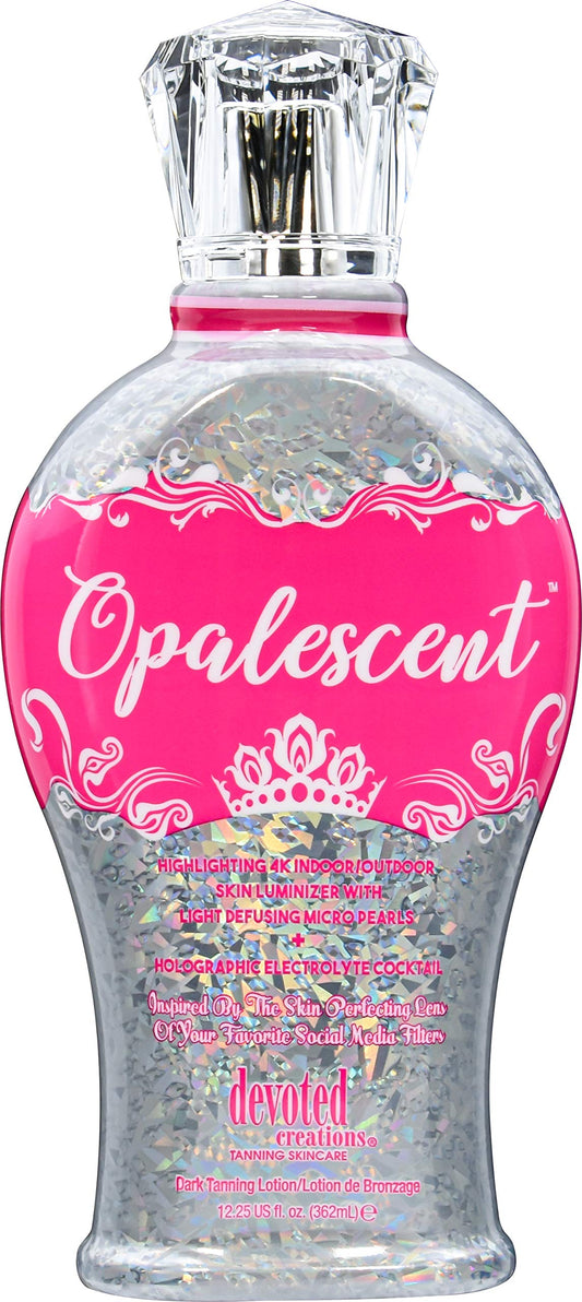 Devoted Creations Opalescent Tanning Lotion bottle with holographic shine for radiant color.