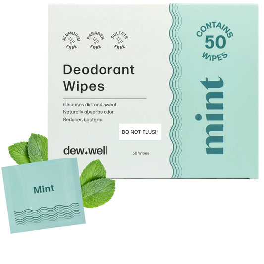 Dew Well Deodorant Wipes, individually wrapped for convenient freshness on the go.